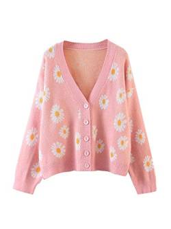 GuliriFei Damen Knopf Cardigan Sweater Casual Langarm V Ausschnitt Süß Blumendruck Lose Strick Cardigan Mantel, rose, One size von GuliriFei