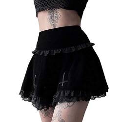 GuliriFei Damen Spitze Patchwork Mini Plissee Röcke Kreuz Stickerei Rüschen Kurzer Rock Hohe Taille A Linie Harajuku Goth Punk Rock, Schwarz , 36 von GuliriFei