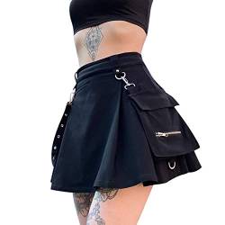 GuliriFei Mädchen Gothic Punk Mini Röcke Y2K Harajuku Plissee Half-Kleid mit Gürtel Große Tasche Sommer A-Linie Flare Minirock Sexy Clubwear Gr. 36, Schwarz von GuliriFei