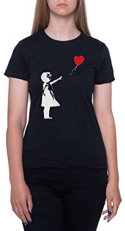 Banksy Mädchen Mit Herz Ballon Schwarz T-Shirt Damen Mit Kurzen Ärmeln Und Rundem Hals Black Womens S von Gunmant