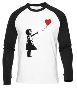 Banksy Mädchen Mit Herz Ballon Weißes Baseball T-Shirt Herren Damen Unisex Langarm Rundem Hals White Mens Womens XL von Gunmant