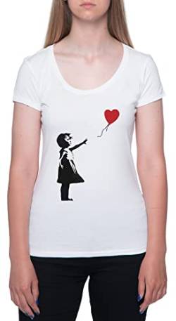 Banksy Mädchen Mit Herz Ballon Weißes T-Shirt Damen Mit Kurzen Ärmeln Und Rundem Hals White Womens L von Gunmant