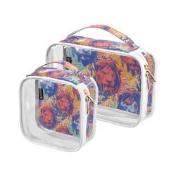 GuoChe Transparente Kosmetik-Reisetasche, wasserdicht, durchsichtig, aus Kunststoff, für Damen, Herren, Kulturbeutel, 2 Stück, Löwe und Blätter, Bunt, 1 size von GuoChe