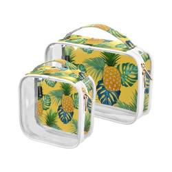 GuoChe Transparente Kosmetiktasche, Mehrzweck-Make-up-Tasche für Damen, Reise-Kulturbeutel, 2 Stück, Ananas, tropische Blätter, Bunt, 1 size von GuoChe