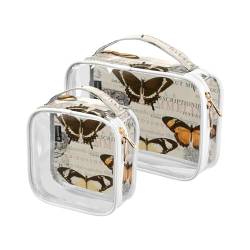 GuoChe Transparente Mini-Kosmetiktasche für Geldbörse, wasserabweisend, transparenter Kunststoff, Reisetasche für Damen, Kulturbeutel, 2 Stück, Vintage-Schmetterling-Collage, Bunt, 1 size von GuoChe