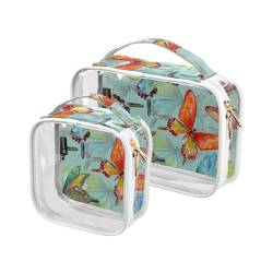 GuoChe Transparente Reise-Kosmetiktasche, Handgepäcktasche, transparente Make-up-Pinseltasche für Damen, Kulturbeutel, Reisetasche, 2 Stück, Reto-Schmetterlinge, Bunt, 1 size von GuoChe