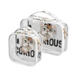 GuoChe Transparente Reise-Kosmetiktasche mit großem Fassungsvermögen, durchsichtig, Kosmetiktasche mit Tragegurt, 2 Stück, 3D-Katze, Bunt, 1 size von GuoChe
