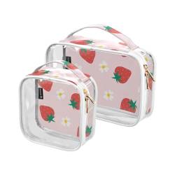 GuoChe Transparente kleine Kosmetiktasche für Geldbörse, Mehrzweck-Make-up-Taschen mit Tragegurt, Reise-Kulturbeutel, 2 Stück, Erdbeerblumen, Bunt, 1 size von GuoChe