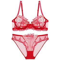 Guoeappa Frauen Sexy Weiche Spitze BH und Panty Set Bügel Alltag BH Floral Spitze Dessous(Rot,80D) von Guoeappa