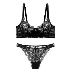 Guoeappa Frauen Sexy Weiche Spitze BH und Panty Set Bügel Alltag BH Floral Spitze Dessous (Schwarz,90D) von Guoeappa