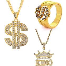Guoguonb 3PCS Hip Hop Punk Stil Legierung Halskette und Ringe US Dollar und King Anhänger Vergoldete Kette Dollarzeichen Halskette für Rap Sänger Trendparty Karneval Fasching Party von Guoguonb