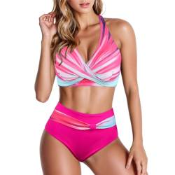 Guotobe Bikini Damen Set Push Up Große Größen Badeanzug Damen Sexy Zweiteiliger Badeanzug V Ausschnitt überkreuztes Blumenmuster Bikini Bademode Damen High Waist Sportlich Bauchkontrolle Bikini Sets von Guotobe