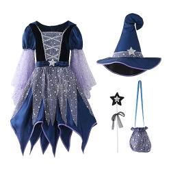 Guotobe Halloween kostüm Mädchen, Kinder Hexenkostüm Zauberer Verkleiden Cosplay Kostüm Set 4 Teilig, Halloween Kostüm Mädchen Fasching Karneval Party Hexenkleid Kinder Farbe Kleid von Guotobe