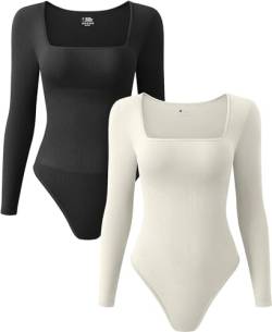 Gursac Bodysuit für Damen, figurformend, langärmelig, 2 Stück, sexy Bodysuit, gerippt, mit quadratischem Hals, Bauchkontrolle, langärmeliger Body für Damen, CGDLABEYD-BACKBEIGE-S, S von Gursac