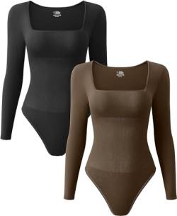 Gursac Bodysuit für Damen, figurformend, langärmelig, 2 Stück, sexy Bodysuit, gerippt, mit quadratischem Hals, Bauchkontrolle, langärmeliger Body für Damen, CGDLABEYD-BACKCOFFEE-M, M von Gursac
