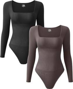 Gursac Bodysuit für Damen, figurformend, langärmelig, 2 Stück, sexy Bodysuit, gerippt, mit quadratischem Hals, Bauchkontrolle, langärmeliger Body für Damen, M, M von Gursac