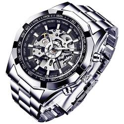 Gute Armbanduhr für Herren, automatische mechanische Armbanduhr, leuchtende Zeiger, Skelett, Silber, Schwarz, silber, Gurt von Gute