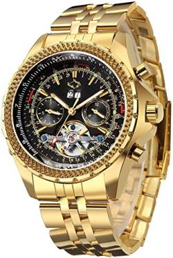 Gute Herren Armbanduhr Gold Automatisch Mechanisch Herrenuhren mit Kalender,Tag,Datumanzeige, Edelstahl-Armband von Gute