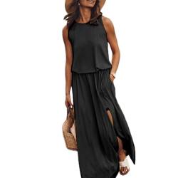 GuyAna Damen-Kleid, locker, kurzärmelig, langes Kleid, Schlitz, extra lang, Sommer-Strandkleid mit Taschen (Black,L) von GuyAna