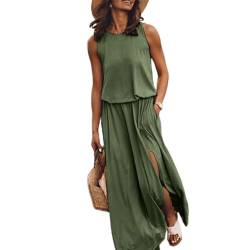 GuyAna Damen-Kleid, locker, kurzärmelig, langes Kleid, Schlitz, extra lang, Sommer-Strandkleid mit Taschen (Dark Green,L) von GuyAna