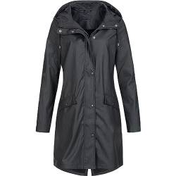 Gvqng Regenjacke für Damen, Wasserdicht, atmungsaktiv Windjacke, Langer Regenmantel mit Kapuze, Leicht Kapuzenjacke, Regenmantel mit Reißverschluss mit Taschen, für Sport Bergsteigen,Schwarz,XL von Gvqng