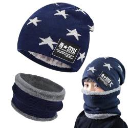 Gxlaihly Wintermütze für Kinder,Kinder Winter Warm Beanie Mütze und Loop Schal Schlauchschal Set,Kinder Wintermütze Beanie Hut,Wintermütze und Schal-Set für Jungen Mädchen von 4-15 Jahren (Blau) von Gxlaihly