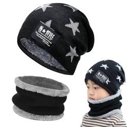 Gxlaihly Wintermütze für Kinder,Kinder Winter Warm Beanie Mütze und Loop Schal Schlauchschal Set,Kinder Wintermütze Beanie Hut,Wintermütze und Schal-Set für Jungen Mädchen von 6-15 Jahren (Schwarz) von Gxlaihly