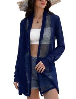 Gyabnw Bolero Damen Festlich Cardigan Lange Leichte Strickjacke Cover up Bikini Open Front Sommerjacke Langarm Jacke Shawl Strandkleid Beachwear Bolerojäckchen Strickbolero Strickweste Navy blau, S von Gyabnw