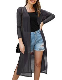 Gyabnw Cardigan Damen Strickjacke Leicht Chiffon Casual Lang Elegant Weich Open Front V Ausschnitt Badeanzug Cover Up Transparent Strandurlaub Beachwear Strandponcho Mode Schulterjacke, Dunkelgrau S von Gyabnw