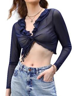 Gyabnw Damen Bolero Cardigan Festlich Strickjacke Sommer Cover Bikini Up Top Elegant Kurz Leichte Bolerojacke Shrug Pareos Y2k V-Ausschnitt Binden Rüschen für Hochzeit Party Cocktail Navy blauL von Gyabnw