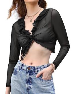 Gyabnw Damen Bolero Cardigan Festlich Strickjacke Sommer Cover Bikini Up Top Elegant Kurz Leichte Bolerojacke Shrug Pareos Y2k V-Ausschnitt Binden Rüschen für Hochzeit Party Cocktail SchwarzM von Gyabnw