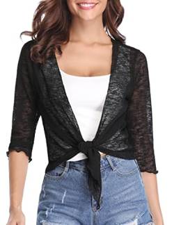 Gyabnw Damen Bolero Strickjacke Sommerjacke V-Ausschnitt Cardigan mit Knoten Transparenter Chiffon Shrug Leicht mit 3/4-Ärmeln Bikini Cover Up von Gyabnw