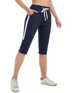 Gyabnw Damen Caprihose 3/4 Jogginghose Trainingshose Elegant Relaxhose Sportleggings Yogahose mit Kontraststreifen für Sport und Freizeit Navy blauXL von Gyabnw