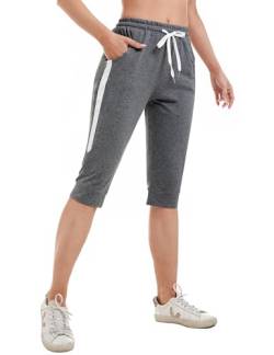 Gyabnw Damen Caprihose 3/4 Jogginghose Trainingshose Elegant Relaxhose Sportleggings Yogahose mit Kontraststreifen für Sport und Freizeit dunkelgrauL von Gyabnw