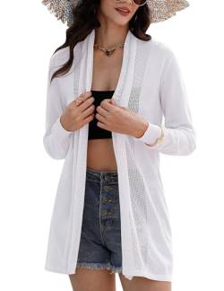 Gyabnw Damen Cardigan Lange Leichte Strickjacke Open Front Sommerjacke Langarm Jacke Bikini Cover up Weiß, XXL von Gyabnw