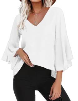 Gyabnw Damen Chiffon Bluse Volantärmeln Tunika 3/4 Arm Elegant Chiffontunika Festlich Chiffon Bluse V Ausschnitt Oberteill mit Trompetenärmeln Weiß M von Gyabnw