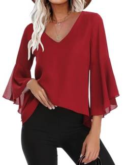 Gyabnw Damen Chiffon Bluse Volantärmeln Tunika 3/4 Arm Elegant Chiffontunika Festlich Chiffon Bluse V Ausschnitt Oberteill mit Trompetenärmeln rot XXL von Gyabnw