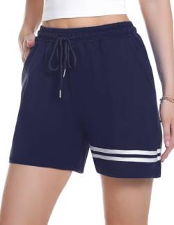 Gyabnw Damen Shorts Schlafhose Kurze Sporthose Laufshorts Sommer Freizeitshorts Jogginghose Sweatshorts Elegant Bermudashorts mit Streifen Taschen für Sport Freizeit Yoga Fitness Gym Navy BlauS von Gyabnw