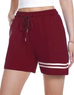 Gyabnw Damen Shorts Schlafhose Kurze Sporthose Laufshorts Sommer Freizeitshorts Jogginghose Sweatshorts Elegant Bermudashorts mit Streifen Taschen für Sport Freizeit Yoga Fitness Gym WeinrotXXL von Gyabnw