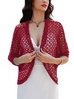 Gyabnw Damen Strickacke Elegante Bolero Spitzenjacke Festlich Cardigan Kurzer Blazer Festlich Bolero mit 3/4 Arm für Abendkleider Cocktailkleid, Weinrot, L von Gyabnw