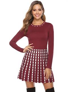 Gyabnw Damen Strickkleid A-Linie Kleid Elegante Minikleid Langarm Winterkleid Streifen-Optik Strickpullover Retro Kleid für Freizeit Cocktail, Weinrot, L von Gyabnw