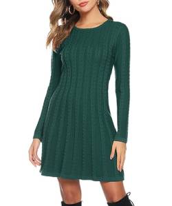 Gyabnw Damen Strickkleid Elegante A-Linie Kleid Pulloverkleid Zopfmuster Rundhalsausschnitt Minikleid Strickpullover für Party Cocktail Freizeit, Grün, M von Gyabnw