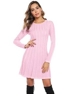 Gyabnw Damen Strickkleid Elegante A-Linie Kleid Pulloverkleid Zopfmuster Rundhalsausschnitt Minikleid Strickpullover für Party Cocktail Freizeit, Rosa, L von Gyabnw