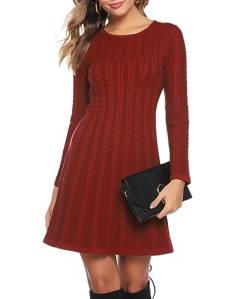 Gyabnw Damen Strickkleid Elegante A-Linie Kleid Pulloverkleid Zopfmuster Rundhalsausschnitt Minikleid Strickpullover für Party Cocktail Freizeit, Rot, S von Gyabnw