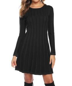 Gyabnw Damen Strickkleid Elegante A-Linie Kleid Pulloverkleid Zopfmuster Rundhalsausschnitt Minikleid Strickpullover für Party Cocktail Freizeit, Schwarz, L von Gyabnw