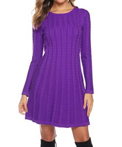 Gyabnw Damen Strickkleid Elegante A-Linie Kleid Pulloverkleid Zopfmuster Rundhalsausschnitt Minikleid Strickpullover für Party Cocktail Freizeit, Violett, M von Gyabnw