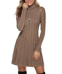 Gyabnw Damen Strickkleid Rollkragen Winterkleid Elegante A-Linie Knielanges Kleid Pulloverkleid Zopfmuster Minikleid Strickpullover für Party Cocktail Freizeit, Camel-Rollkragen, XL von Gyabnw