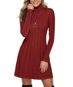 Gyabnw Damen Strickkleid Rollkragen Winterkleid Elegante A-Linie Knielanges Kleid Pulloverkleid Zopfmuster Minikleid Strickpullover für Party Cocktail Freizeit, Rot-Rollkragen, M von Gyabnw