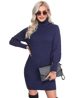 Gyabnw Damen Strickkleid mit hohem Kragen Twist - Langärmliges Pulloverkleid für Winter - Elegant Cocktailkleid Midikleid- Stilvolles Strickpullover Winterkleid mit Rippstruktur BlauXL von Gyabnw