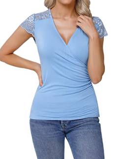 Gyabnw Damen Tops V-Ausschnitt T-Shirt Sommer Freizeit Kurzen Ärmeln Strand Oberteile Blau,XL von Gyabnw